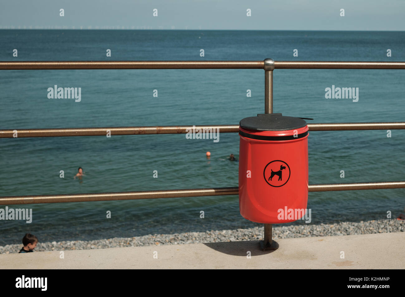 Cane bidone dei rifiuti sul lungomare di Sheringham, North Norfolk, Regno Unito Foto Stock