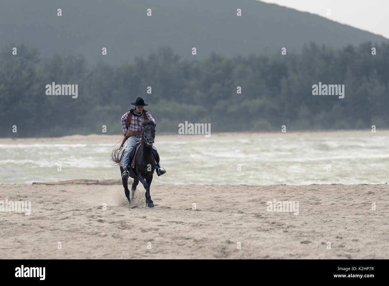 SONGKHLA THAILANDIA - febbraio 18: Sconosciuto cowboy visualizza sulla spiaggia per galoppo il cavallo il 18 febbraio 2017 in Songkhla, Thailandia. Foto Stock