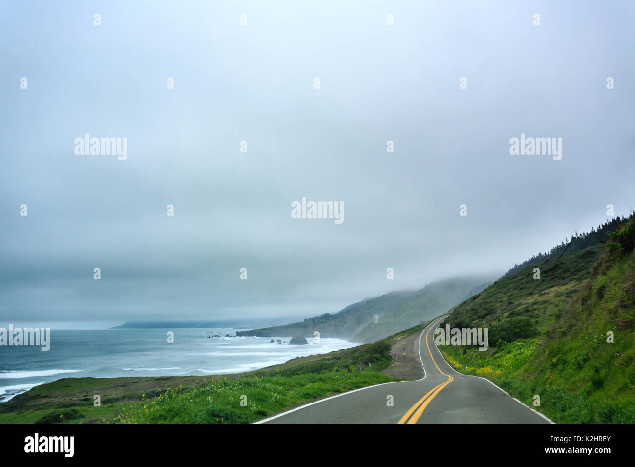 Northern California deserta strada costiera come la nebbia si chiude Foto Stock