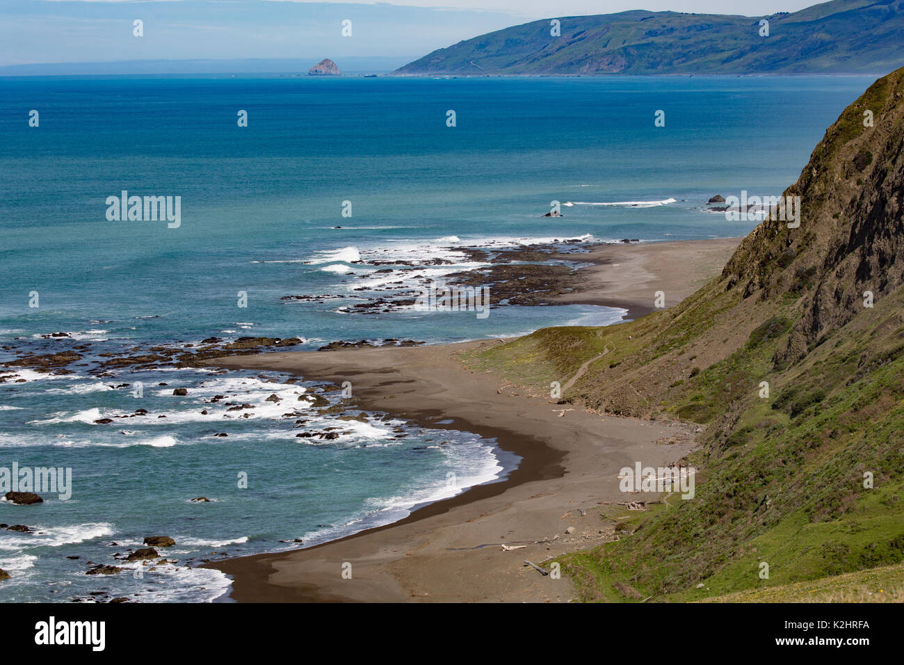 Vista aerea della spiaggia sabbiosa di seguito rivelata da bassa marea in Lost Coast California Foto Stock