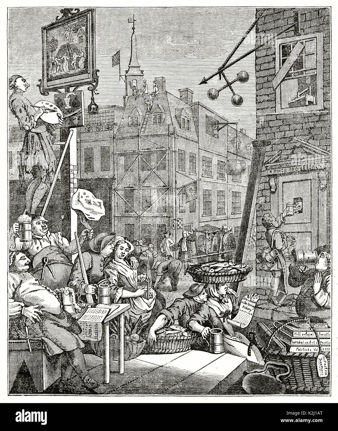 Vecchia incisa la riproduzione di una stampa dal titolo birra Street. Dopo Hogarth, pubblicato sulla rivista Penny, London, 1835 Foto Stock