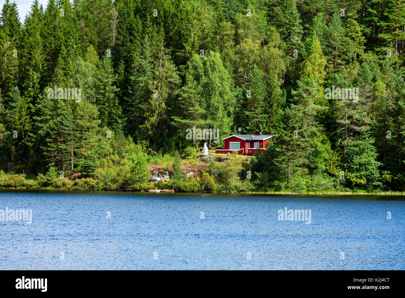 Rossa piccola cabina in legno tra gli alberi della foresta. Foresta calmo lago o fiume in primo piano. Foto Stock