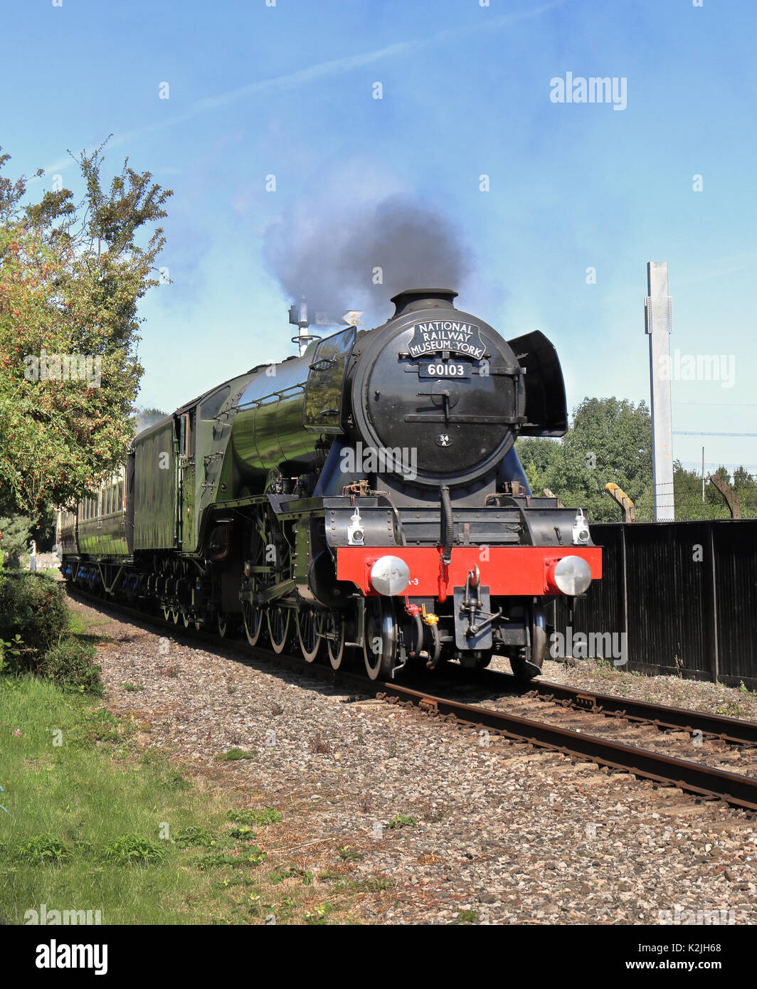 Flying Scotsman locomotiva a vapore e della cottura a vapore dei carrelli lungo RailwayTracks in Inghilterra Foto Stock