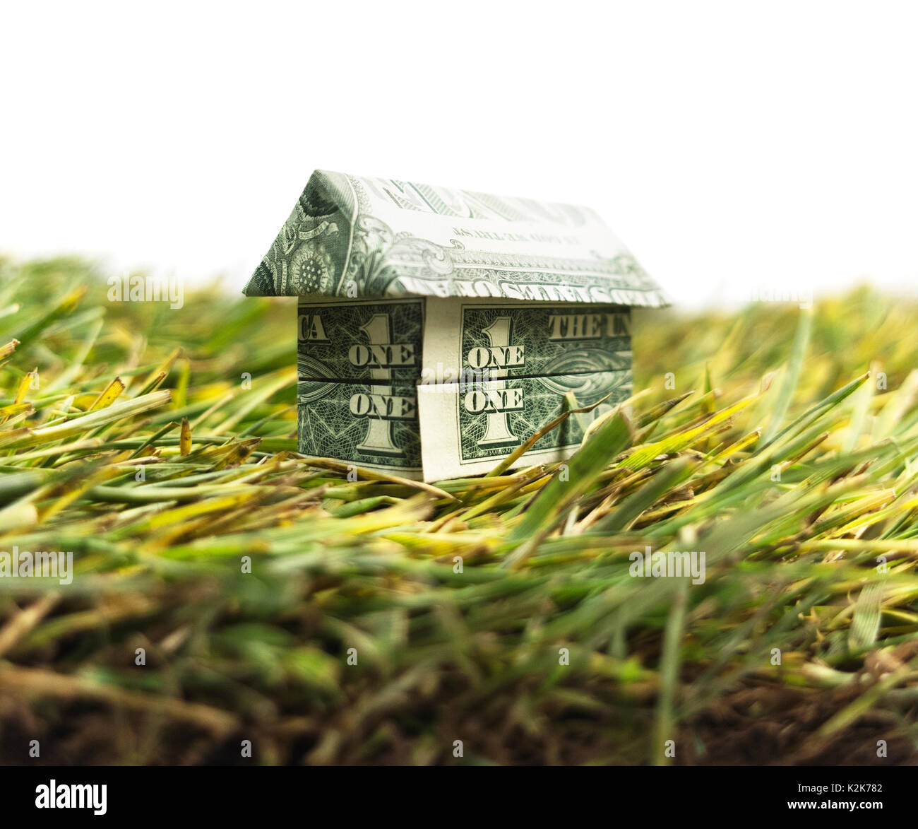 Origami di denaro a casa sull'erba. going green - origami cash house sull'erba. Foto Stock