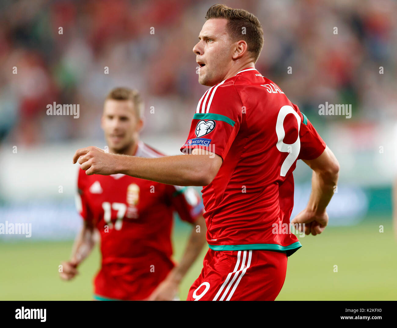 Budapest, Ungheria. Il 31 agosto, 2017. Adam Szalai di Ungheria celebra il suo obiettivo durante il 2018 FIFA World Cup Qualifier match tra Ungheria e Lettonia a Groupama Arena il Agosto 31, 2017 a Budapest, Ungheria. Credito: Laszlo Szirtesi/Alamy Live News Foto Stock