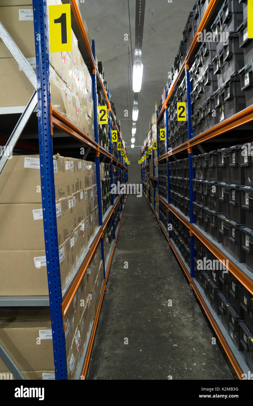 Il Global Seed Vault a Longyearbyen, Svalbard. Una delle tre camere vault, che è attualmente utilizzato. Regalsystem in einer der Lagerhallen 3. Foto Stock