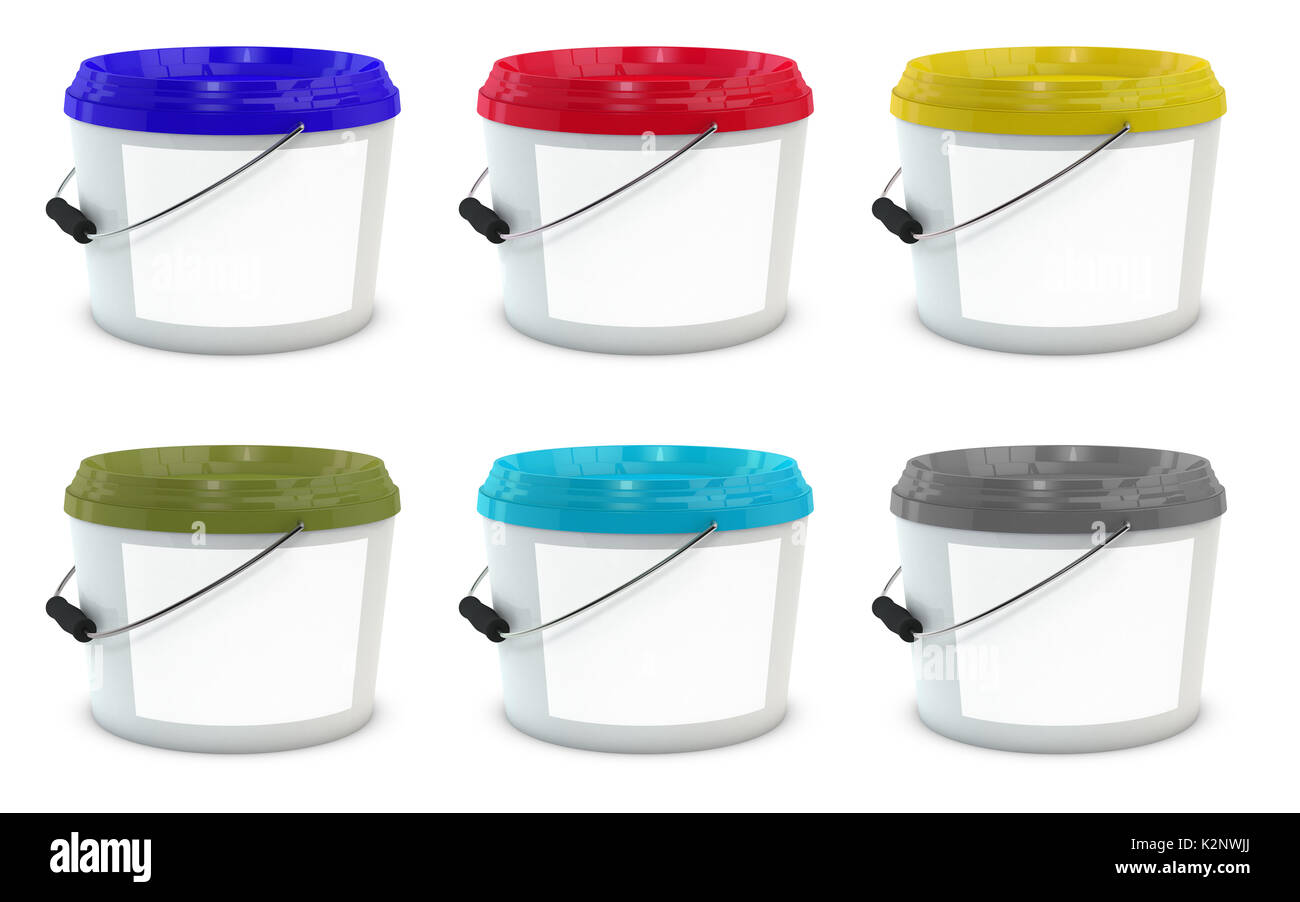 Set di plastica bianca benne di vernice mock up con diversi colori i cappucci e etichetta vuota. 3d illustrazione isolati su sfondo bianco Foto Stock