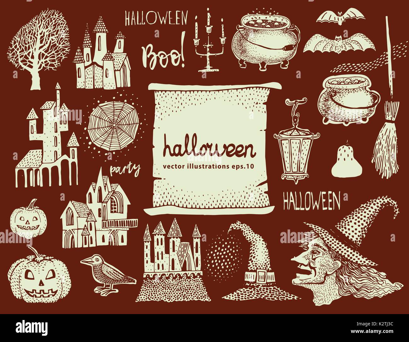 Happy Halloween gli elementi di design. Il design di Halloween illustrazioni, etichette, icone e oggetti. Illustrazione Vettoriale