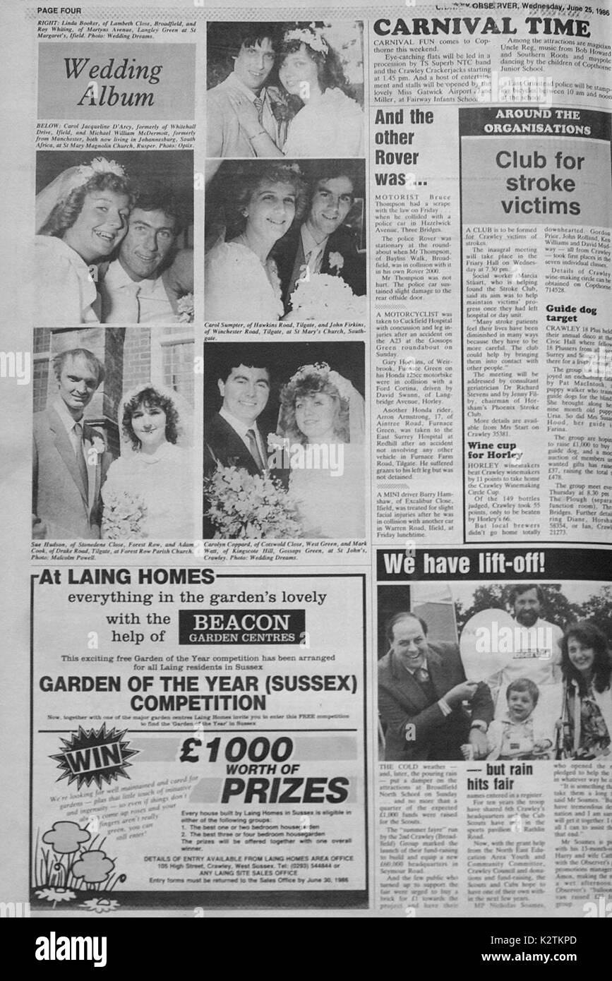 SARAH PAYNE MURDER TRIAL uomo accusato ROY MERLANO NEL SUO MATRIMONIO FOTOGRAFIA CHE FIGURANO IN CRAWLEY OBSERVER NEL 1986 Sarah Evelyn Isobel Payne (13 Ottobre 1991 - 1 luglio 2000), il 8-year-old school girl, è stato vittima di un alto profilo rapimento ed omicidio in Inghilterra nel luglio 2000. La successiva inchiesta divenne un importante caso nel Regno Unito. Il suo assassino, Roy Merlano, è stato condannato nel dicembre 2001 e condannato alla prigione a vita merlano sposato Linda BOOKER NON PER USO FINO ALLA FINE DEL PERIODO DI PROVA Foto Stock