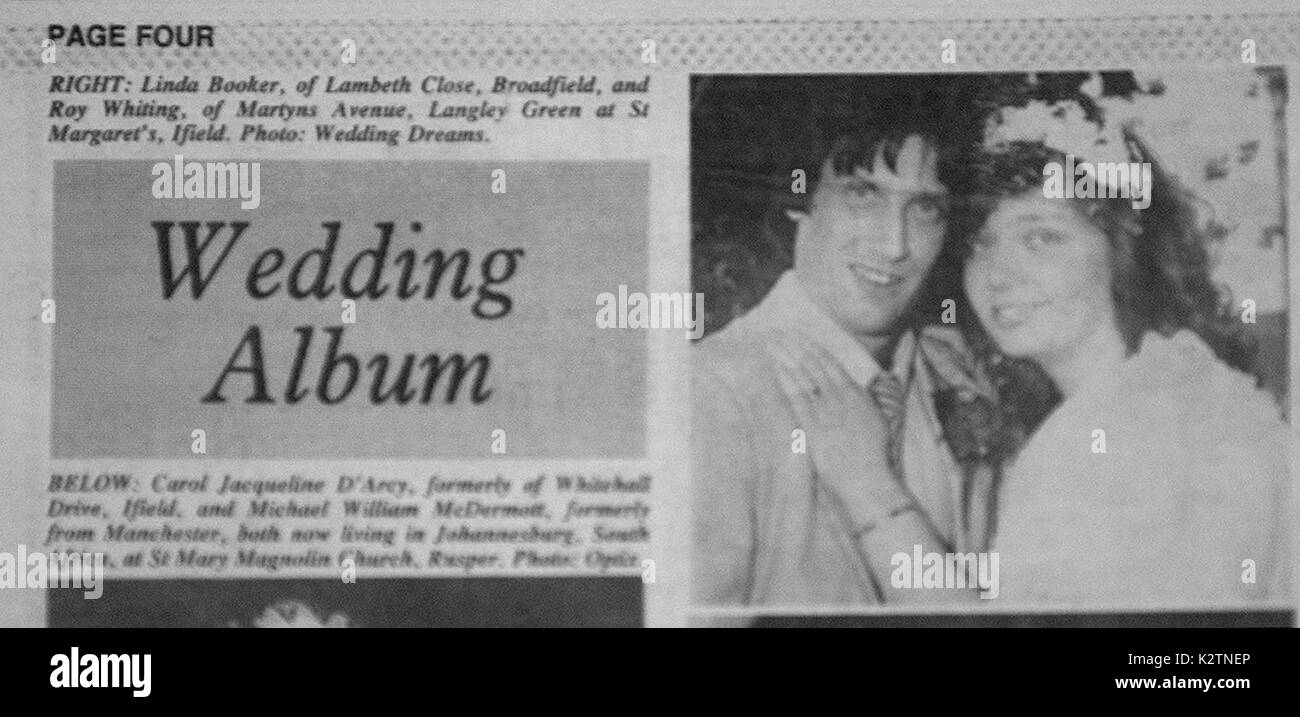 SARAH PAYNE MURDER TRIAL uomo accusato ROY MERLANO NEL SUO MATRIMONIO FOTOGRAFIA CHE FIGURANO IN CRAWLEY OBSERVER NEL 1986.Sarah Evelyn Isobel Payne (13 Ottobre 1991 - 1 luglio 2000), il 8-year-old school girl, è stato vittima di un alto profilo rapimento ed omicidio in Inghilterra nel luglio 2000. La successiva inchiesta divenne un importante caso nel Regno Unito. Il suo assassino, Roy Merlano, è stato condannato nel dicembre 2001 e condannato alla prigione a vita merlano sposato Linda BOOKER NON PER USO FINO ALLA FINE DEL PERIODO DI PROVA Foto Stock