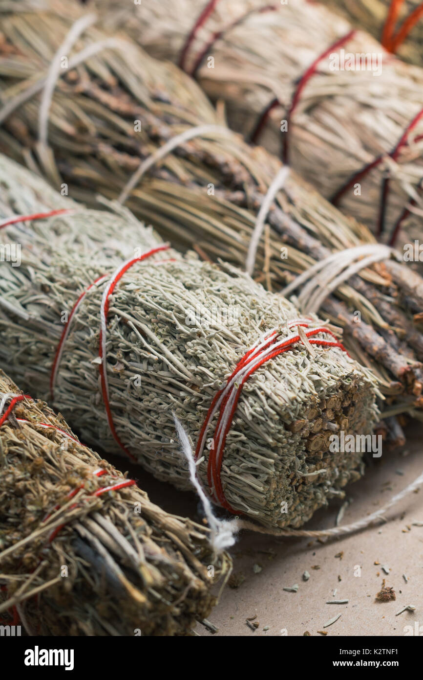 Close-up del bendato rami di erbe secche: sage, assenzio, pino e bacche di ginepro Foto Stock