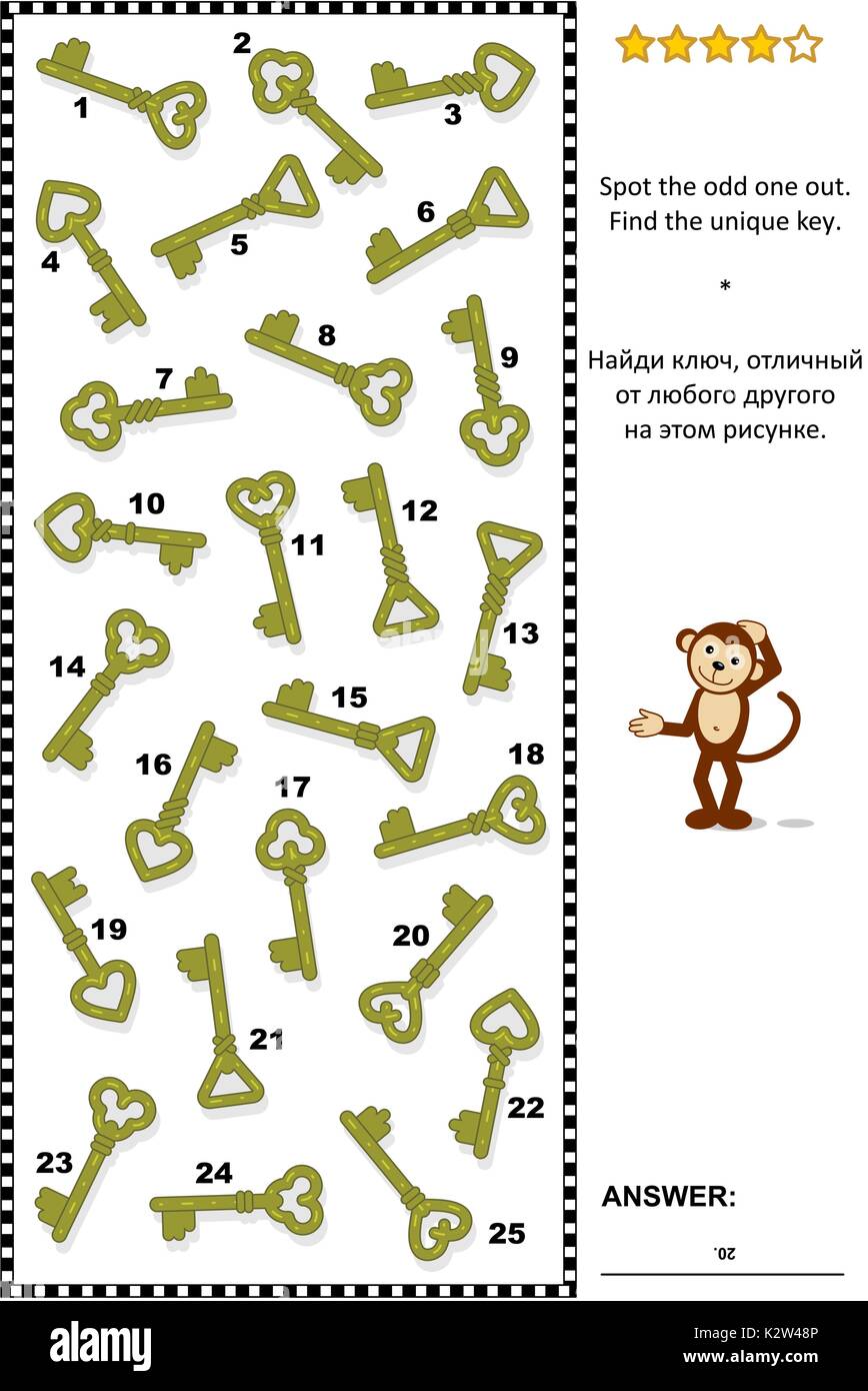Visual puzzle: Spot l'intruso. Trovare l'unica chiave decorata. Risposta inclusa. Illustrazione Vettoriale