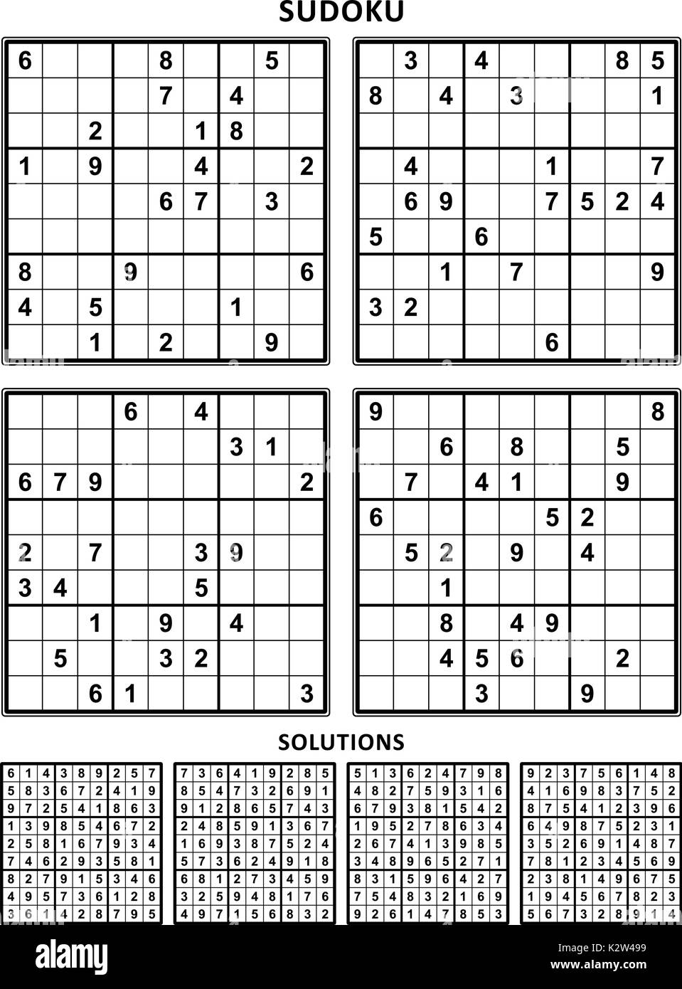 Quattro puzzle di sudoku di confortevoli (facile, ma ancora non molto facile) livello adatto per grandi libri di stampa, incluse le risposte. Set 7. Illustrazione Vettoriale