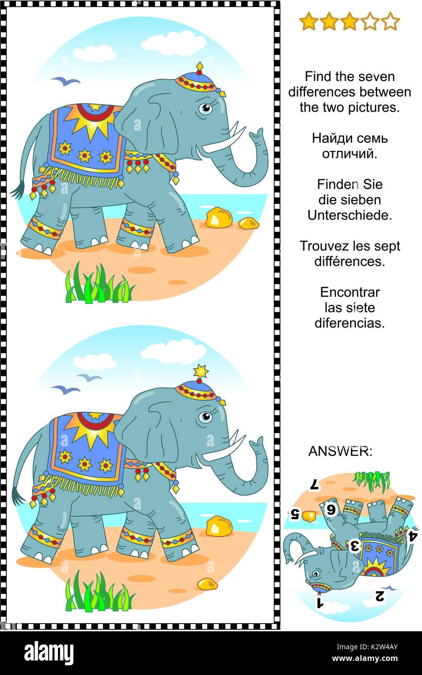 Foto puzzle: trovare le sette differenze tra le due immagini di splendidamente decorate elephant camminando lungo la riva del mare. Risposta inclusa. Illustrazione Vettoriale