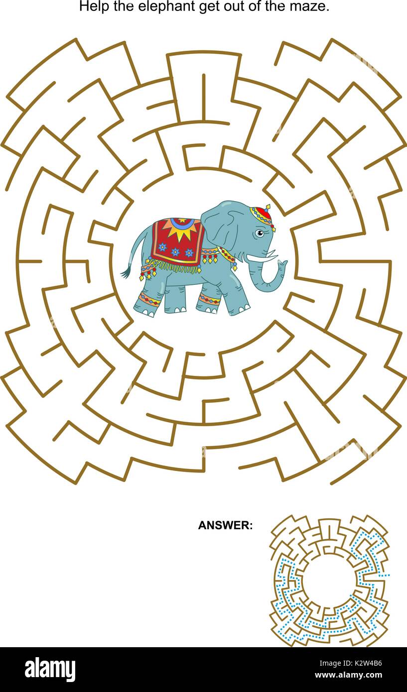 Gioco labirinto o pagina di attività: aiutare l'elefante uscire dal labirinto. Risposta inclusa. Illustrazione Vettoriale