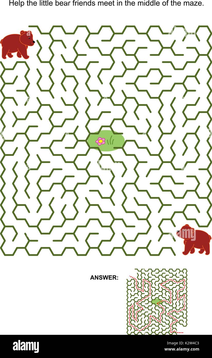 Gioco labirinto o pagina di attività: aiutare il piccolo orso amici si incontrano al centro del labirinto. Risposta inclusa. Illustrazione Vettoriale