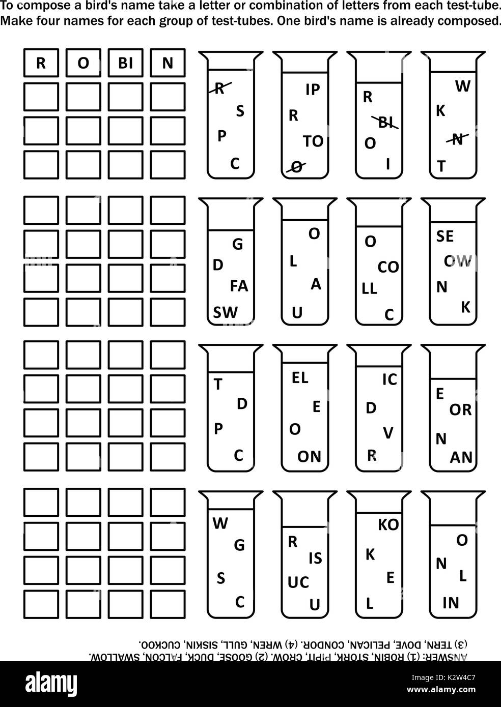 Gioco di parole: comporre quattro nomi di uccelli per ciascun gruppo di provette prelevando una lettera o una combinazione di lettere da parte di ciascun tubo. Risposta inclusa. Illustrazione Vettoriale Gioco di parole: comporre quattro nomi di uccelli per ciascun gruppo di provette prelevando una lettera o una combinazione di lettere da parte di ciascun tubo. Risposta inclusa. Illustrazione Vettoriale