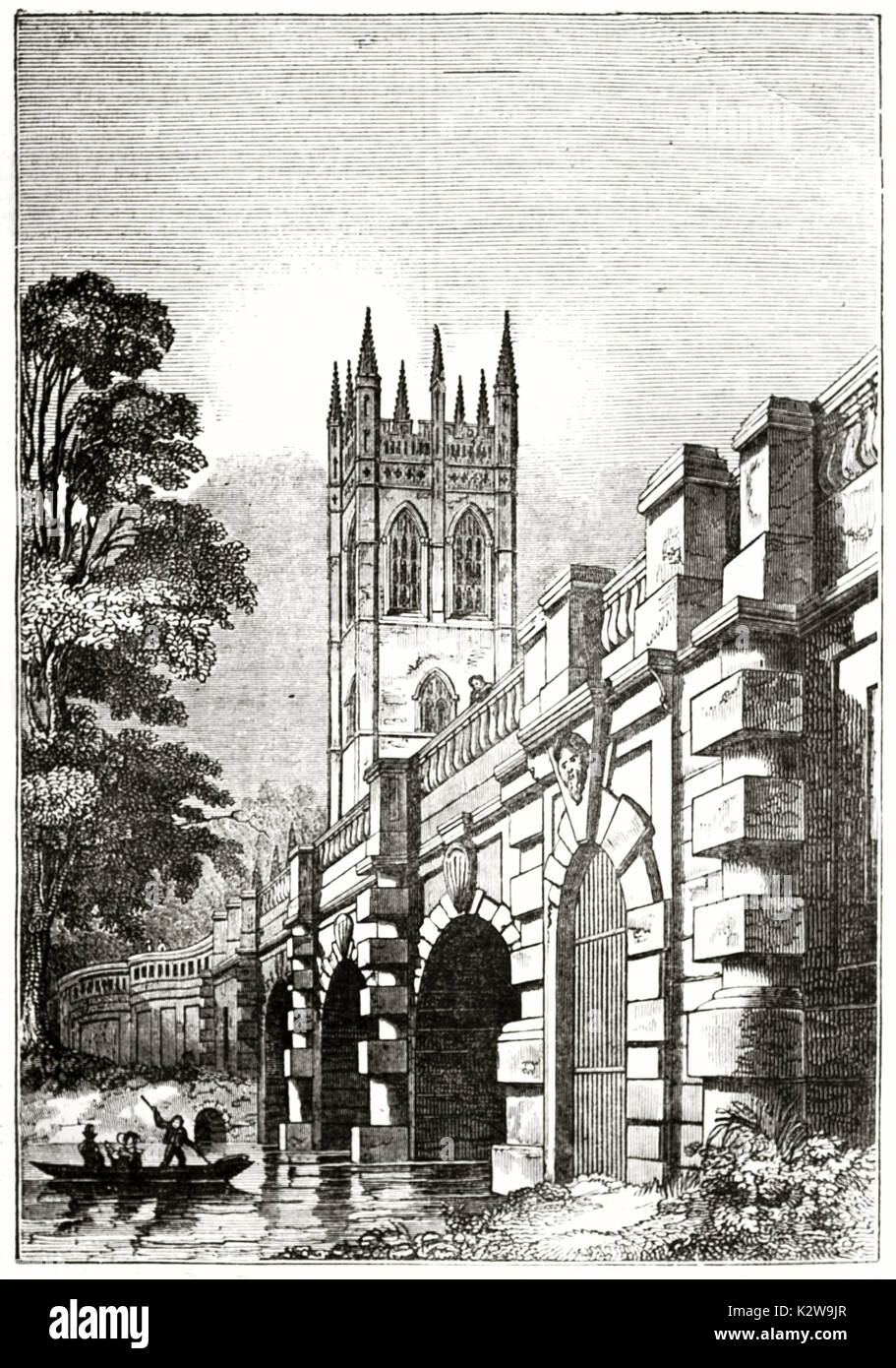 Vecchio vista di Magdalen Bridge e la torre di Magdalen College in background, Oxford, Inghilterra. Dopo Delamotte, pubblicato sulla rivista Penny, Londra Foto Stock