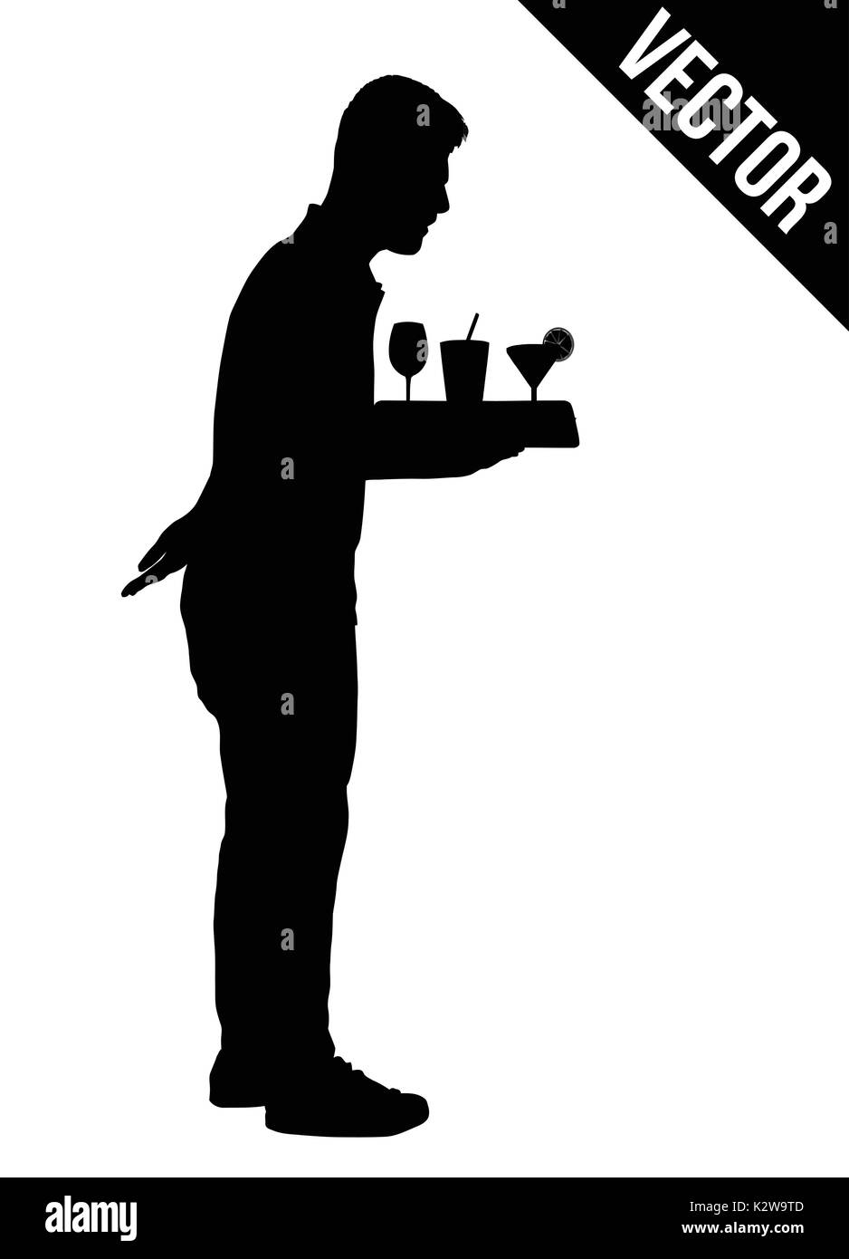 Silhouette di cameriere con il vassoio su sfondo bianco, illustrazione vettoriale Illustrazione Vettoriale