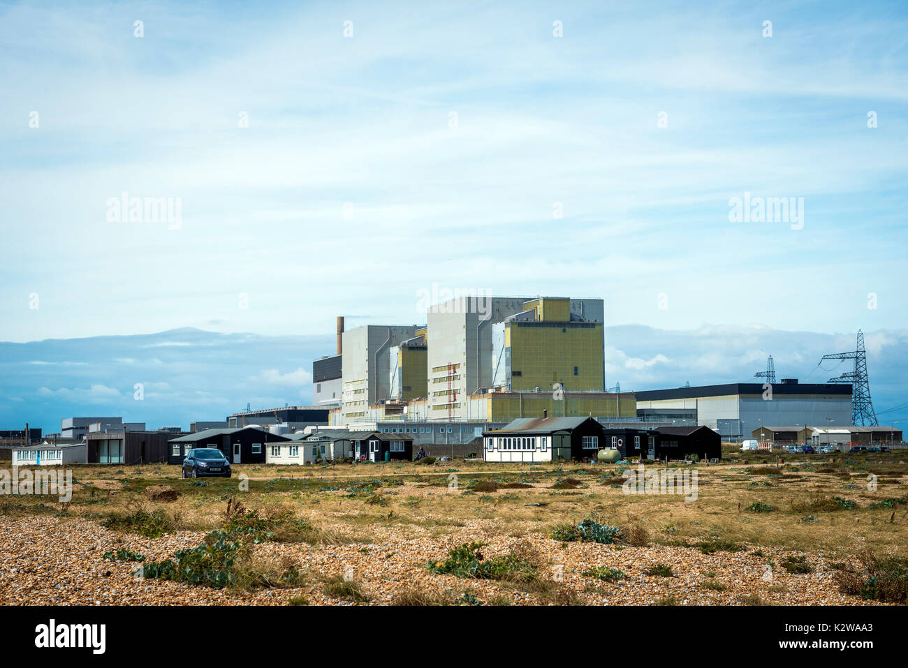 Vecchia carrozza ferroviaria case sul promontorio di Dungeness, Kent, Regno Unito Foto Stock