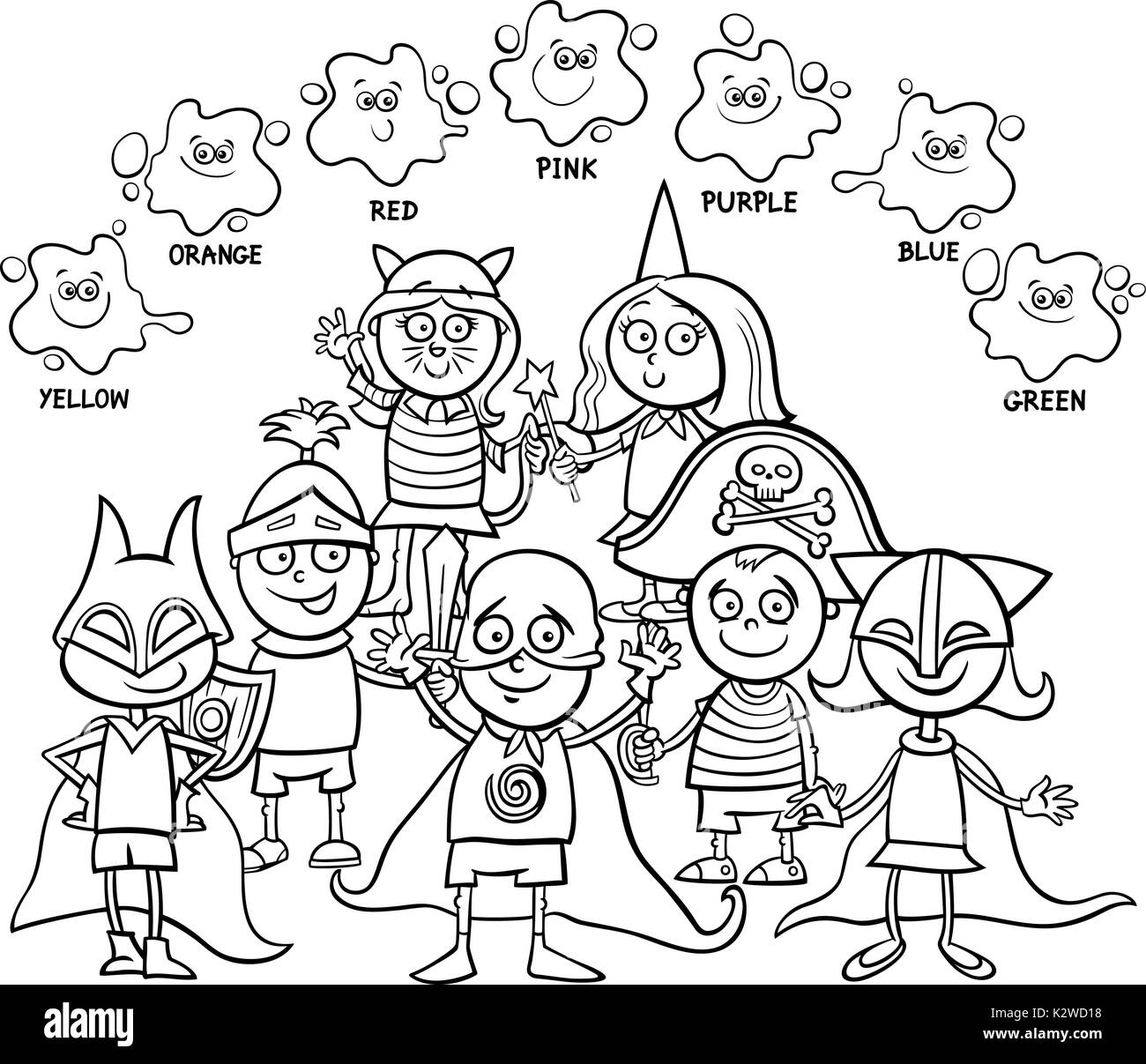 Bianco e Nero Cartoon illustrazione di primaria colori fondamentali attività educativa per bambini con caratteri di capretto alla maschera di colorazione a sfera prenotato Illustrazione Vettoriale