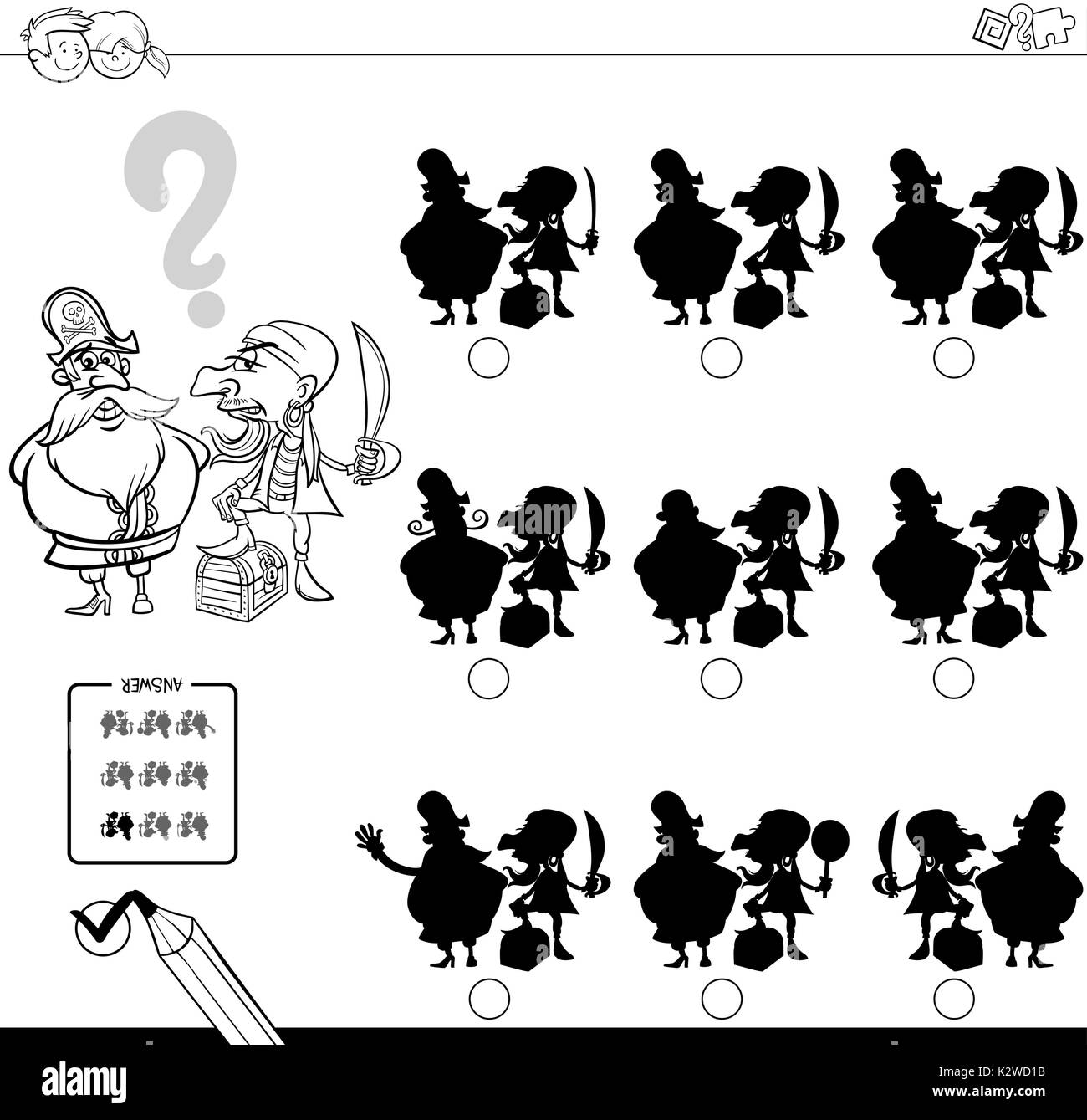 Bianco e Nero Cartoon illustrazione di trovare l'ombra senza differenze di attività educative per i bambini con due pirati personaggi di fantasia C Illustrazione Vettoriale