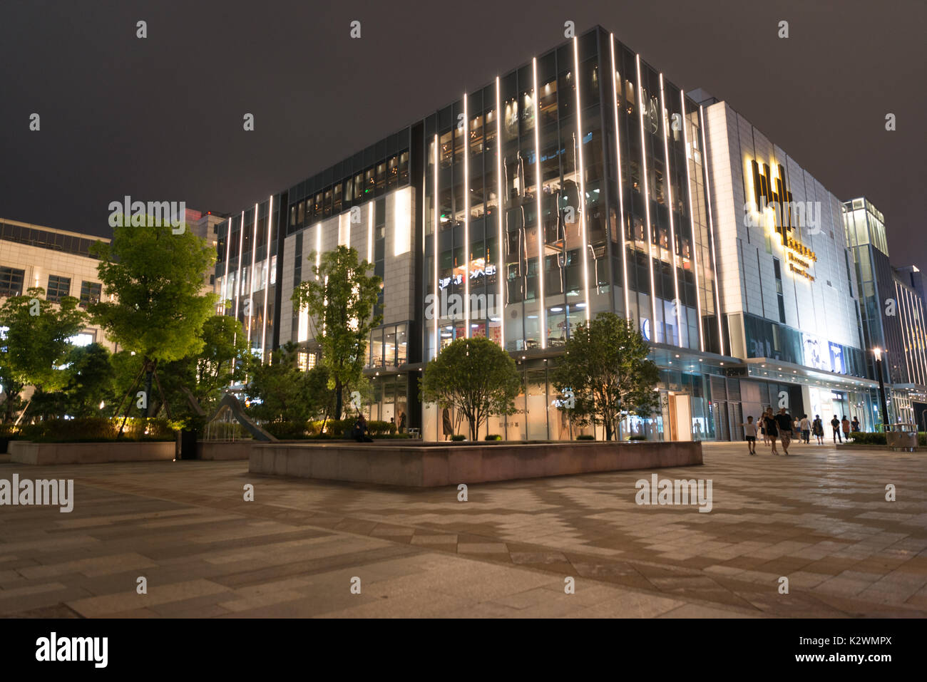 La vita di strada in Hangzhou, gli acquirenti di fare tardi la notte dello shopping e i moderni centri di shopping della città, notte Foto Stock