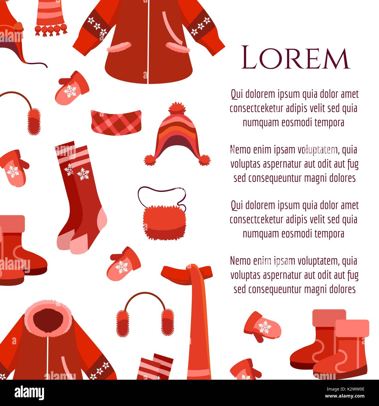 Poster in bianco con rosso abiti invernali e accessorises e stivali, illustrazione vettoriale Illustrazione Vettoriale
