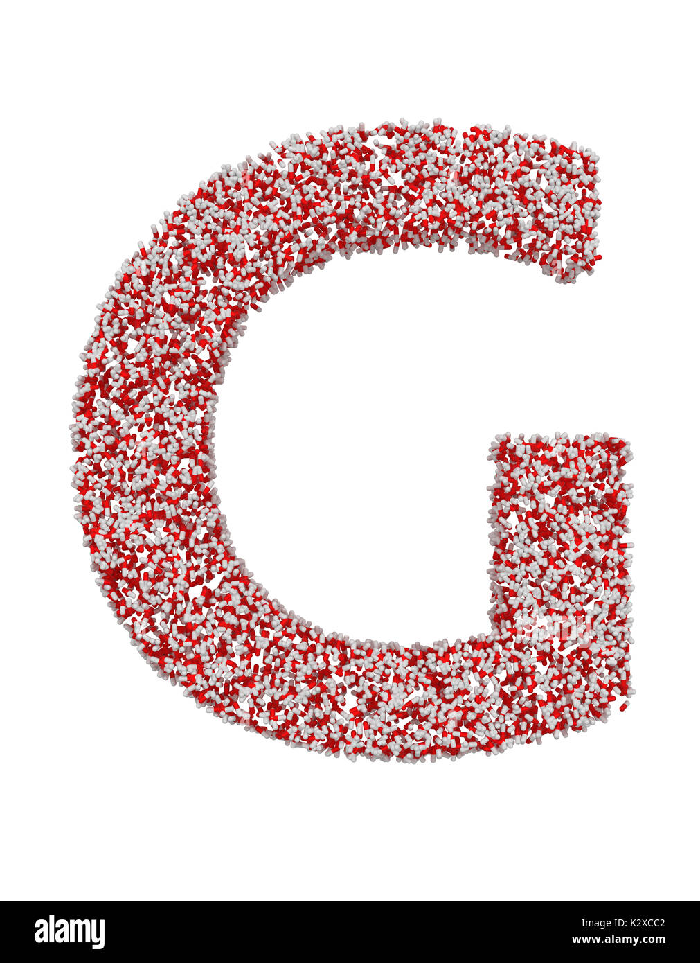 3D render del rosso e del bianco alfabeto rendono da pillole. grande lettera g con percorso di clipping. isolato su sfondo bianco Foto Stock