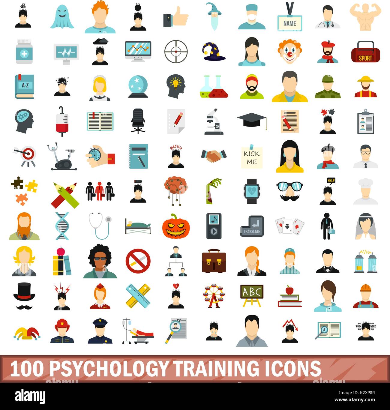 100 psicologia training set di icone di stile di Piana Illustrazione Vettoriale