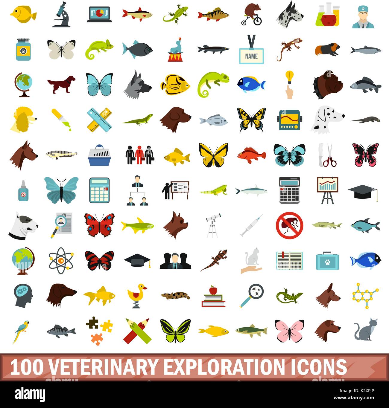 100 veterinario le icone di esplorazione di impostare, stile piatto Illustrazione Vettoriale