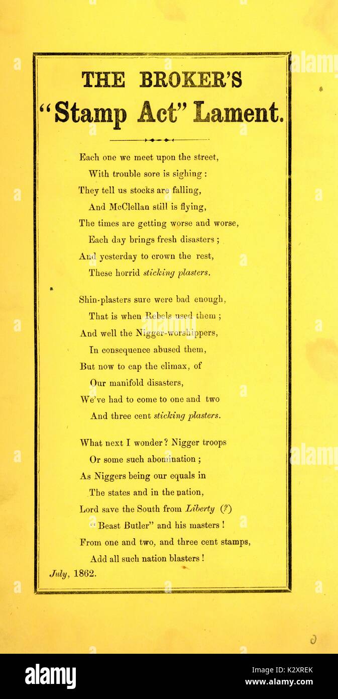 Costeggiata dalla guerra civile americana, intitolato " Il Broker's 'timbro Act' lamento, ' confederato che esprimono disprezzo per il nero le truppe combattenti per la Union Army, 1862. Foto Stock