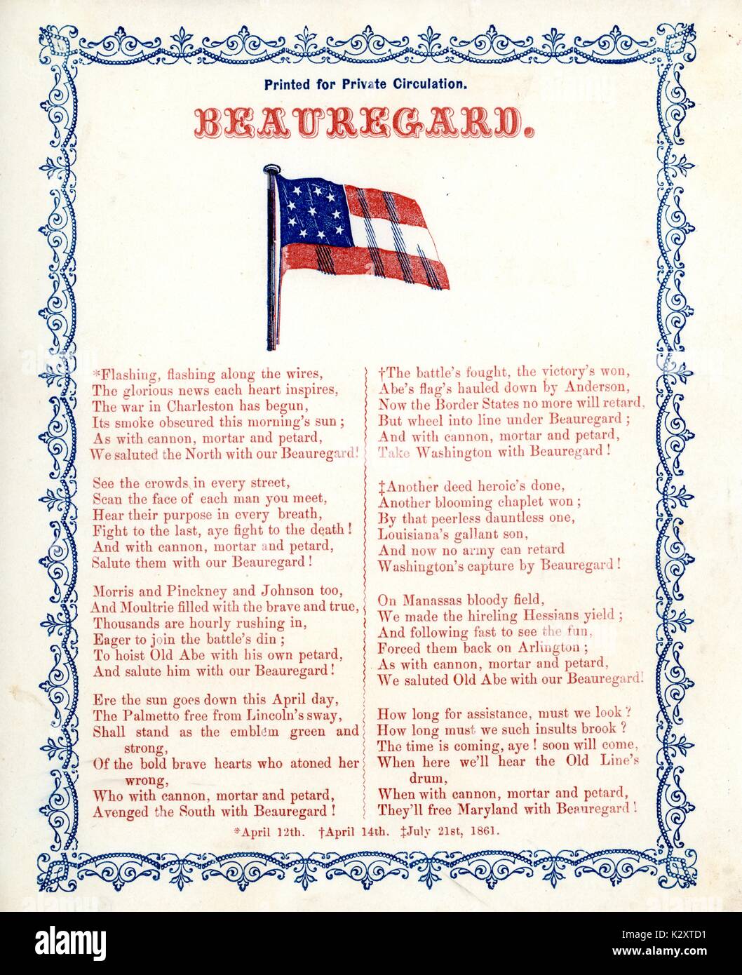 Costeggiata dalla guerra civile americana, intitolata "Beauregard', documentare i successi di battaglia dei confederati P.G.T. generale Beauregard, 1861. Foto Stock