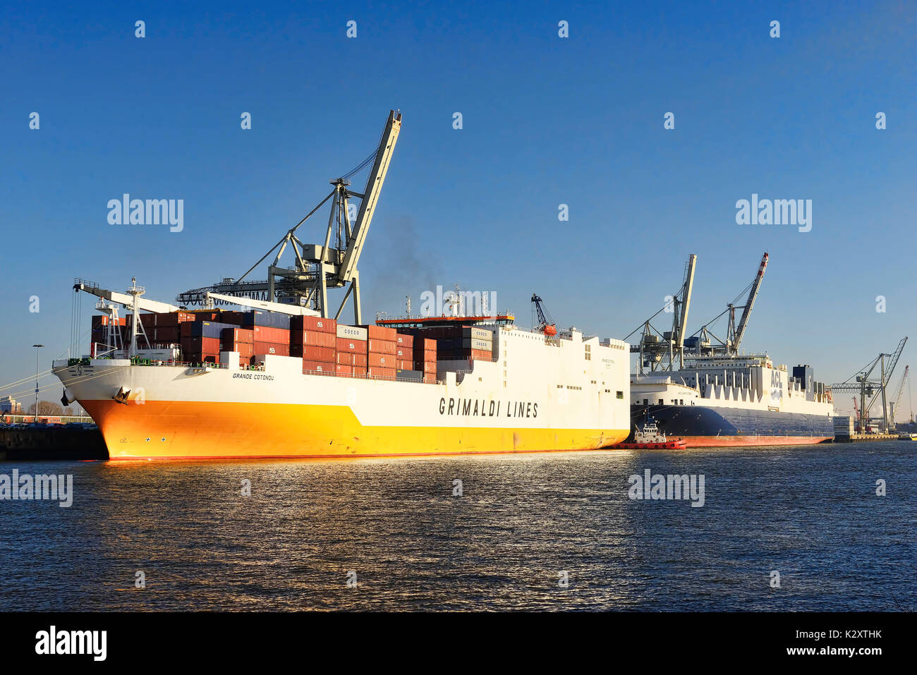 Nave container di grandee Cotonou in Hanse porto di Amburgo, Germania, Europa Containerschiff Grande Cotonou Hansahafen im von Hamburg, Deutschland Foto Stock