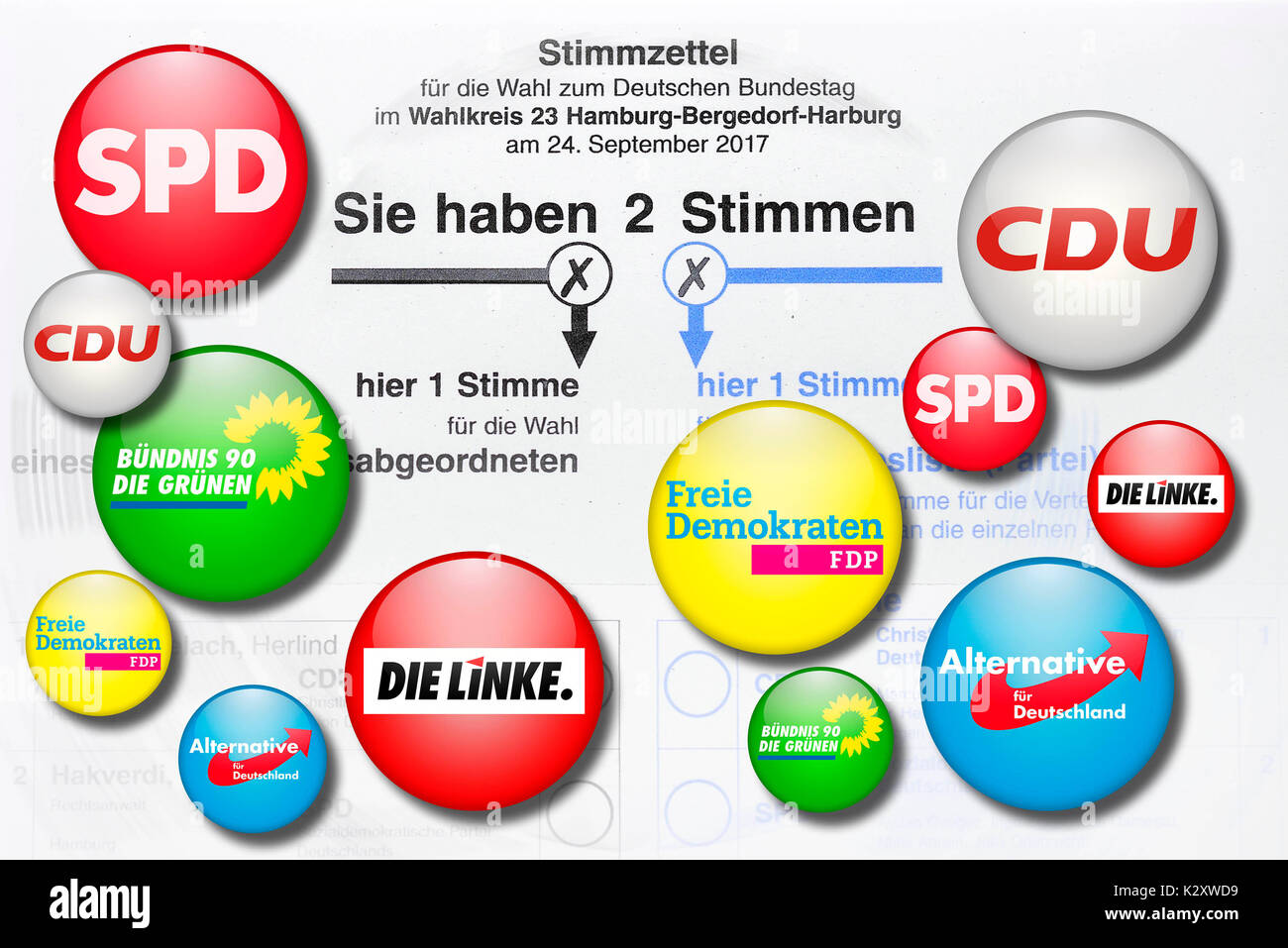 Parte i logo dei grandi partiti su un voto, elezioni parlamentari nel 2017, Parteilogos der grossen Parteien auf einem Stimmzettel, Bundestagswahl 2017 Foto Stock