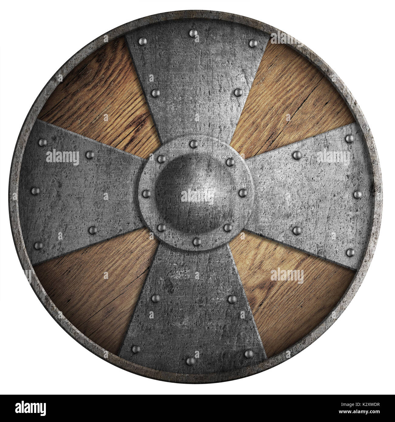 Legno rotondo medievale scudo con croce isolato su bianco 3d illustrazione Foto Stock