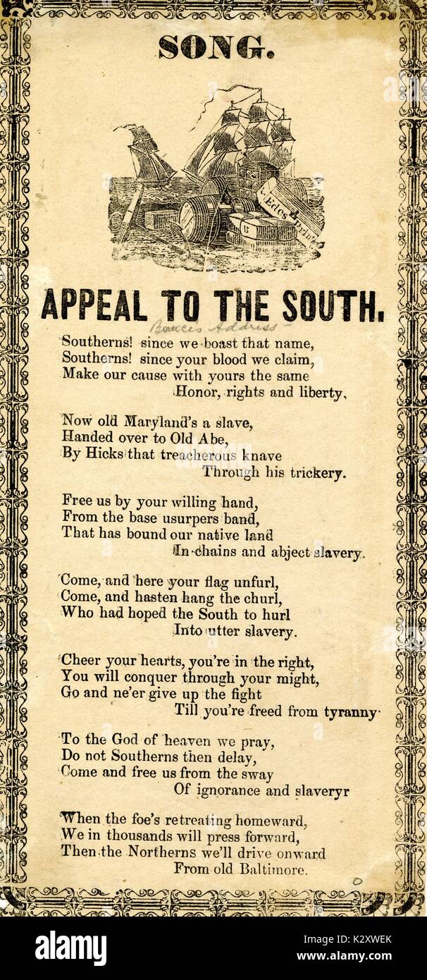 Costeggiata dalla guerra civile americana, intitolato "Appello a sud', rivendicando per i cittadini del Sud Americano lotta contro l'esercito dell'Unione. 1863. Foto Stock