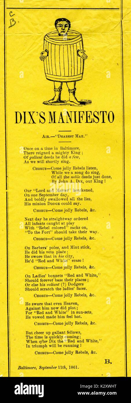 "Costeggiata dalla guerra civile americana, intitolata "ix Manifesto", che racconta la storia di unione maggiore generale John un Dix, Baltimore, Maryland. 1861. Foto Stock