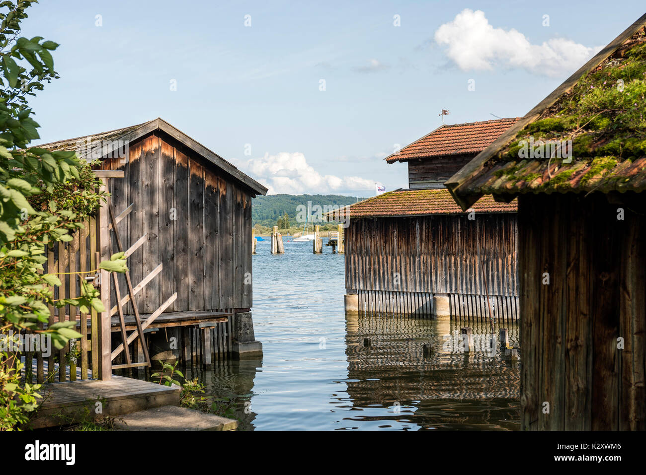 Boathouses a Diessen am Ammersee, Baviera, Germania Foto Stock