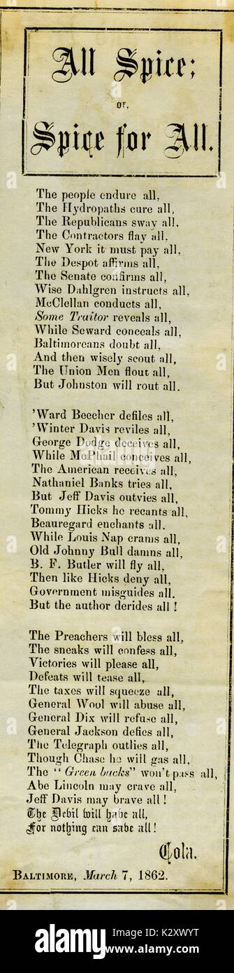Costeggiata dalla guerra civile americana, intitolato " tutte le spezie o spezie per tutti", denigratorie Unione molti ufficiali militari e politici pur approvando quelli della Confederazione, Baltimore, Maryland. 1862. Foto Stock