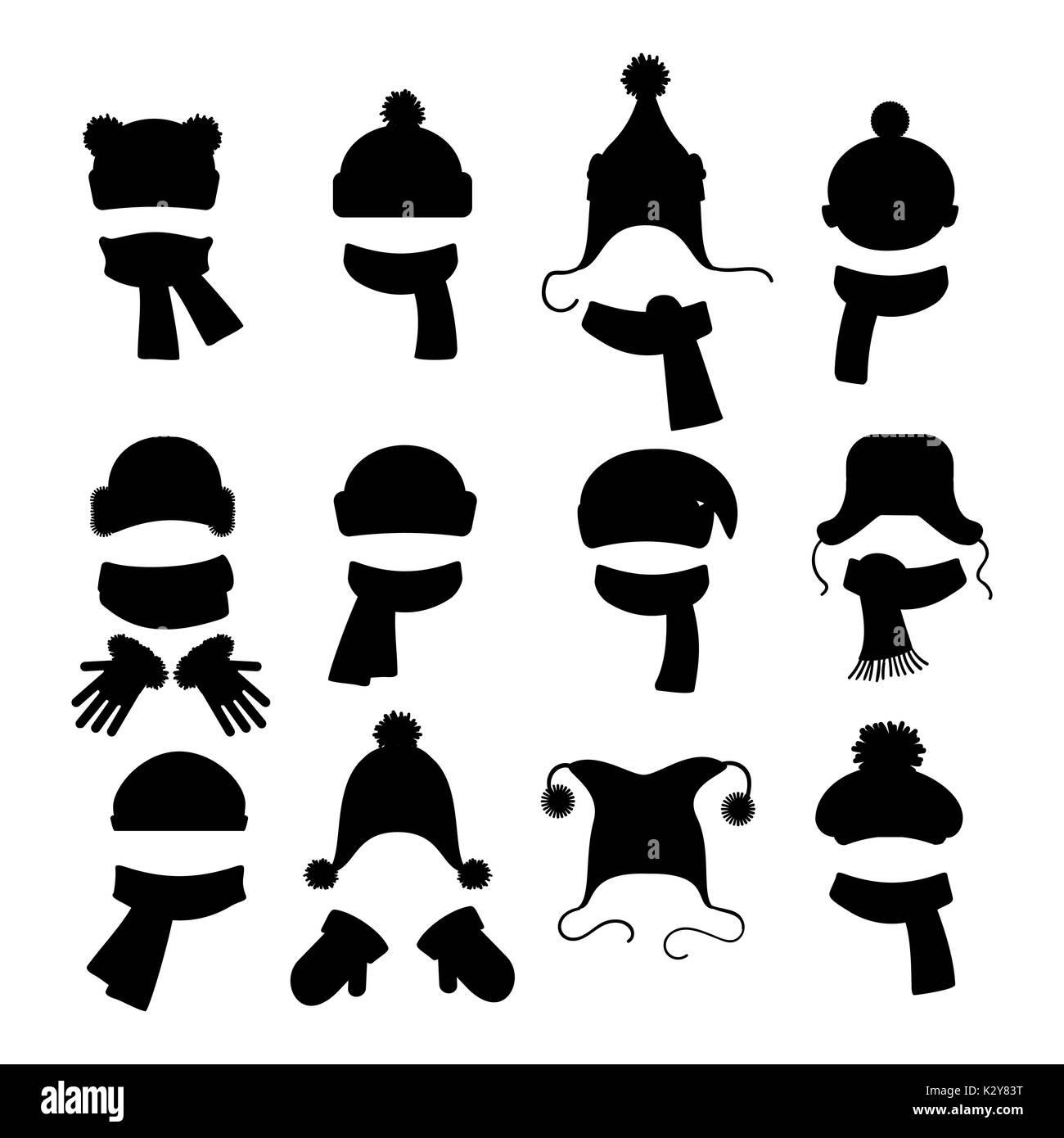 Inverno accessori silhouette nera impostato Illustrazione Vettoriale