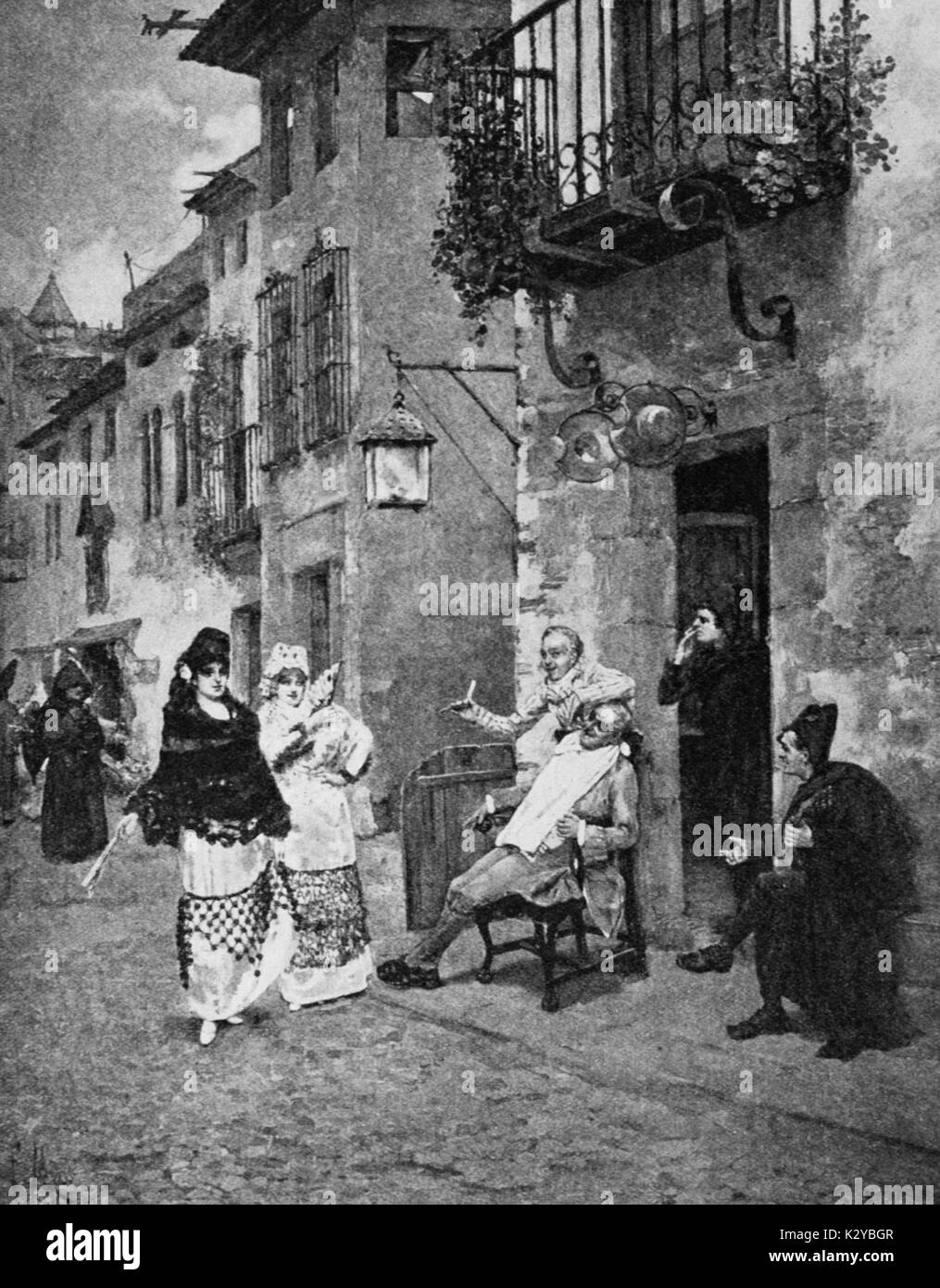 Gioacchino Rossini opera "Barbiere di Siviglia", scene di strada. Dopo la pittura di F. Maso. Compositore italiano, 29 Febbraio 1792 - 13 novembre 1868. Foto Stock