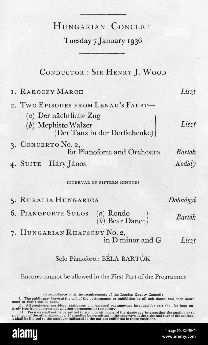 Bela Bartok - Riproduzione in BBC Proms, 7 gennaio 1936. Concerto di musica ungherese. Condotti da Sir Henry Wood. Bartok suonare le sue opere per pianoforte: Concerto No.2, Rondo e recare la Danza Ungherese compositore e pianista, 1881-1945 Foto Stock