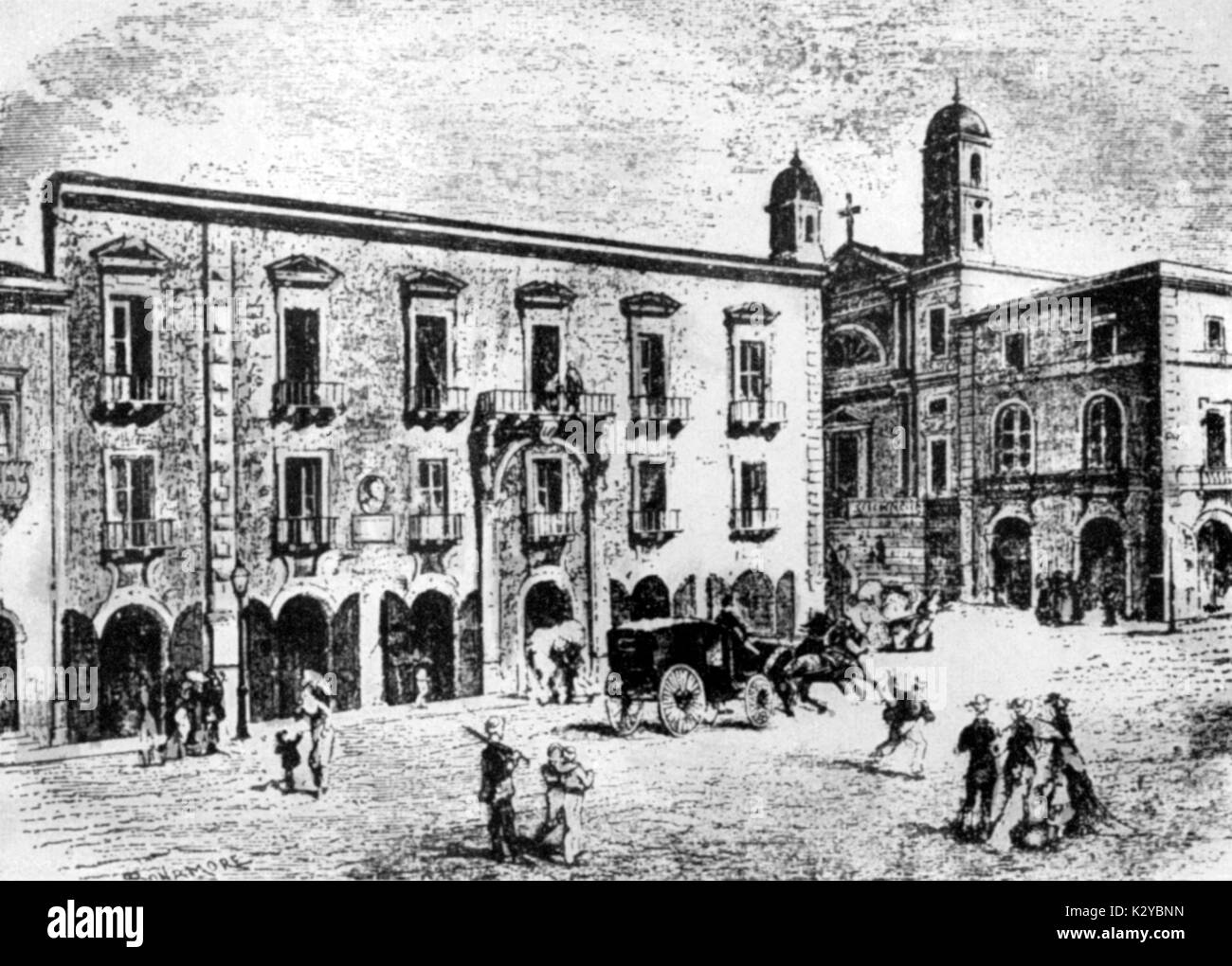 Vincenzo Bellini 's house a Catania dove è nato. Compositore italiano, 3 novembre 1801 - 23 settembre 1835. Disegno di Buonamore. Foto Stock