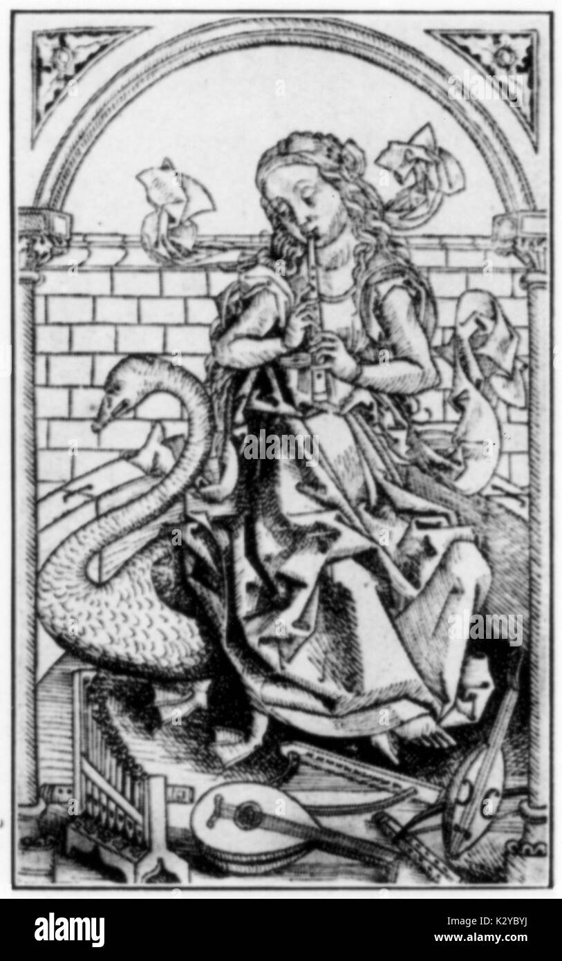 Incisione fiorentina 'Musica' mostra lady giocando registratore (flauto-a-BEC). Attribuito a Baccio Baldini (1436 - c. 1487) (dopo il 'Taroc Carte" del Mantegna). Foto Stock