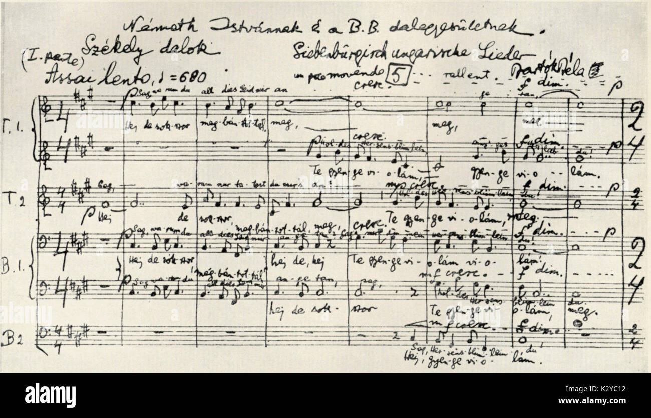 Bela Bartok - "Chansons Sicules', 1932, la prima pagina della partitura manoscritta. Ungherese compositore e pianista, 1881-1945 Foto Stock