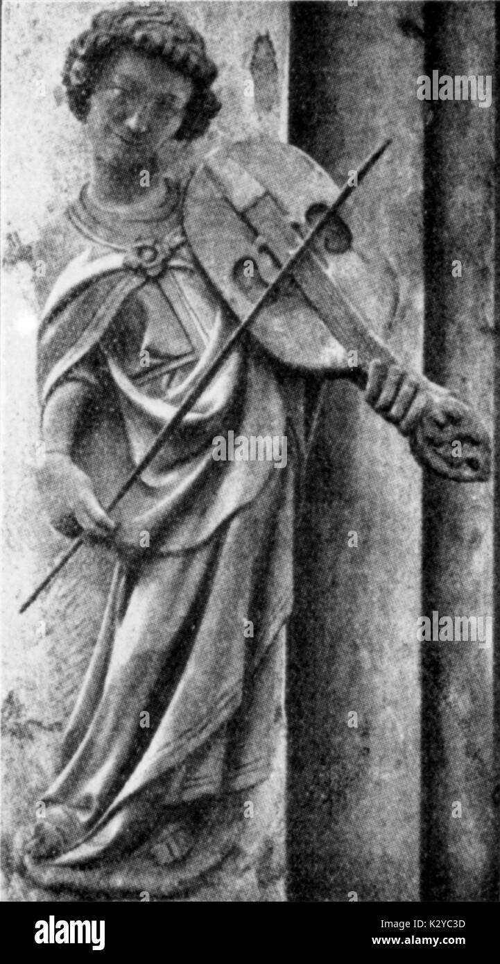 Angelo la riproduzione del rebec,scultura nel coro della cattedrale di Colonia, Germania. Foto Stock