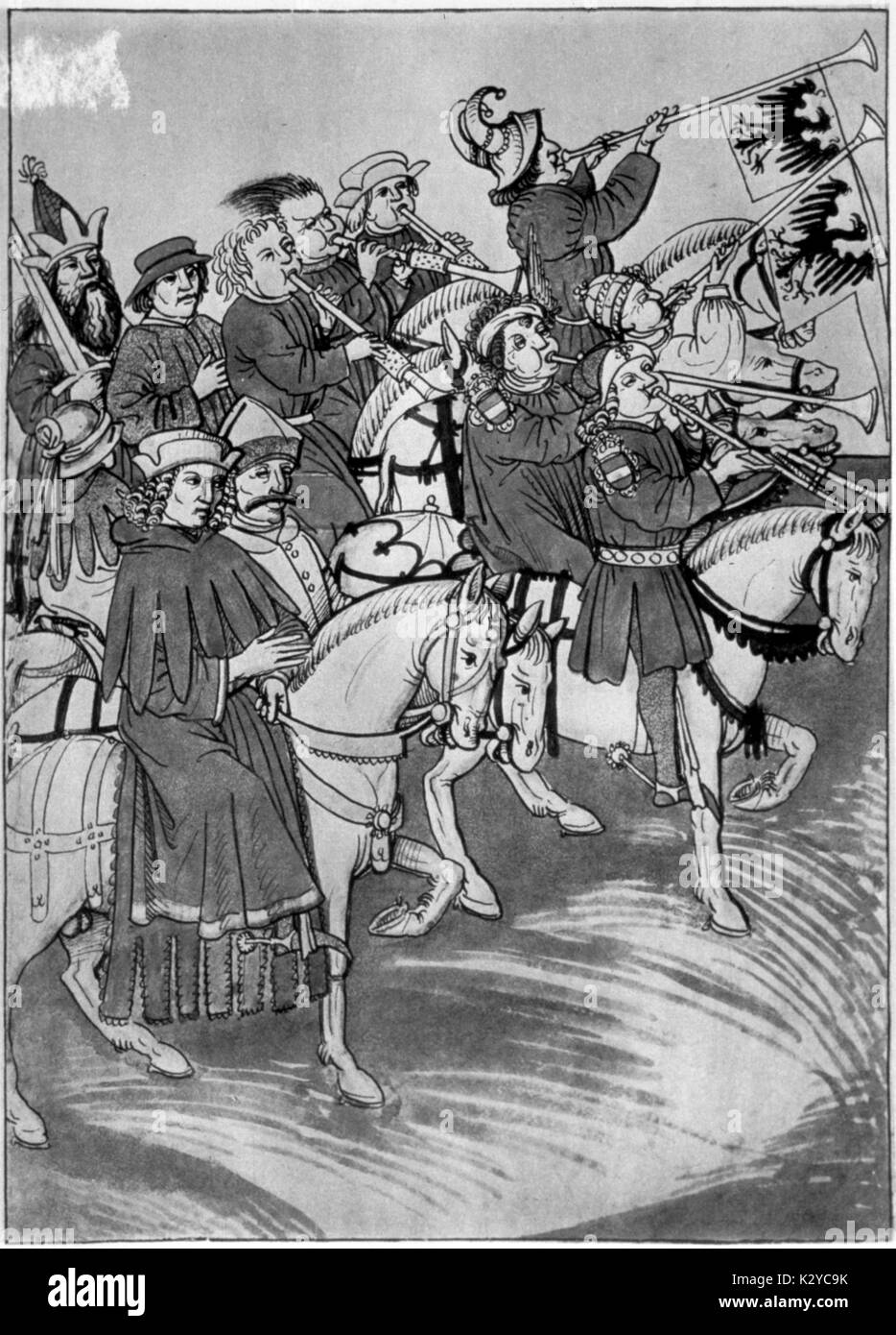Uomini a cavallo riproduzione di bombarda e trombe. Illustrazione da Richenthaler Chronik, 1464. Foto Stock