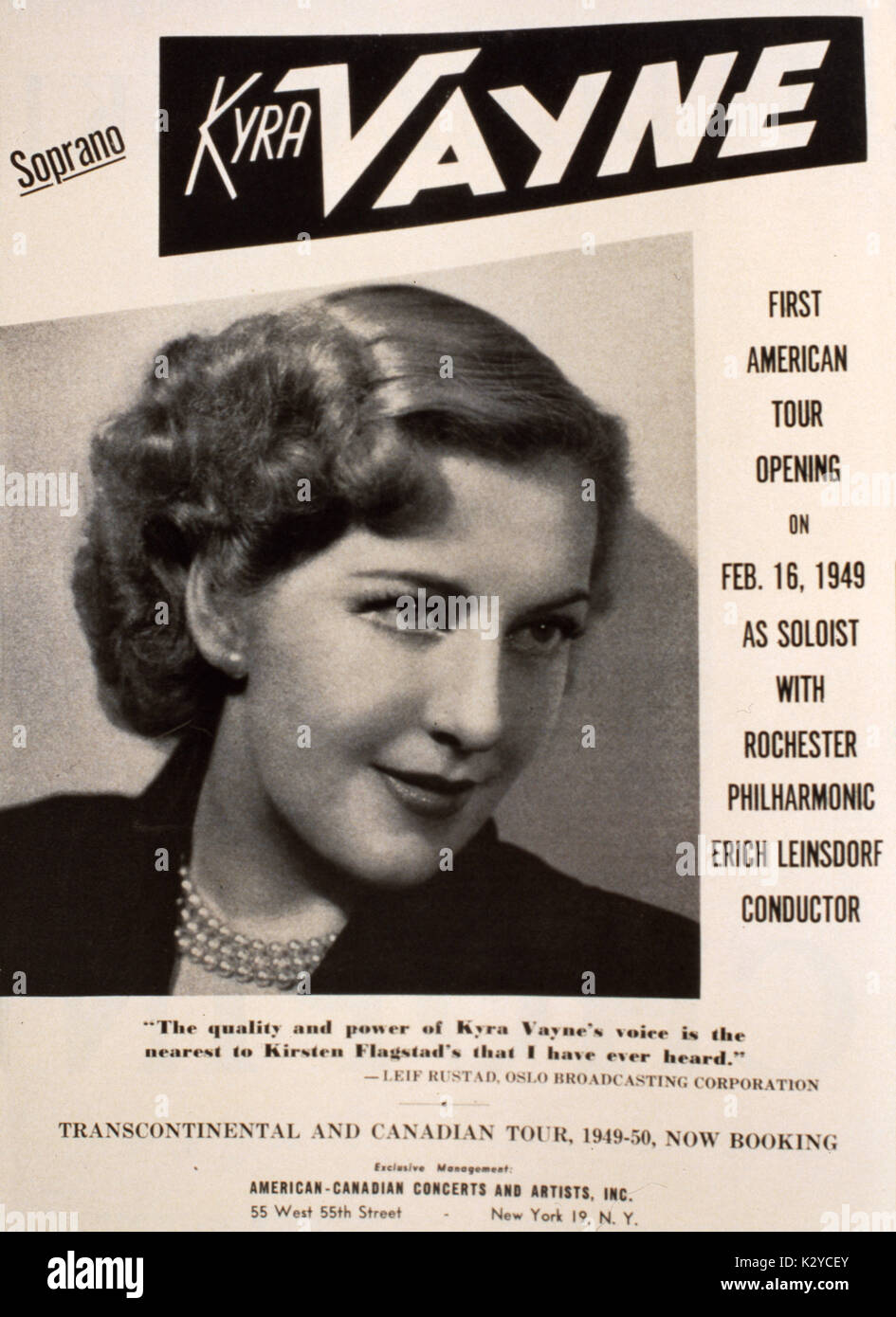 Kyra Vayne, 1949. Pubblicità per la Transcontinental e Tour canadese 1949-50. Soprano. Foto Stock