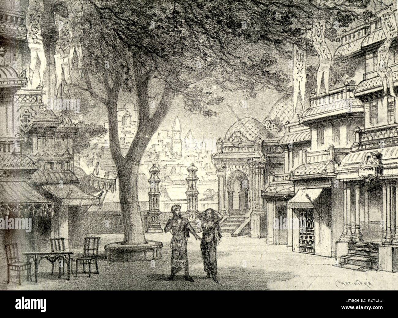 Leo Delibes - Lakme - set design per atto II I , disegno di Antonin Marie Chatiniere (b. 1828 ).prodotto per la prima volta a Parigi, Opéra-Comique, il 14 aprile 1883. Il compositore francese 1836-1891 Foto Stock